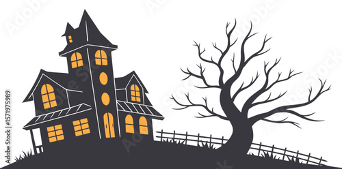 Spooky Haunted House Icon with Glowing Windows – Halloween Vector Design