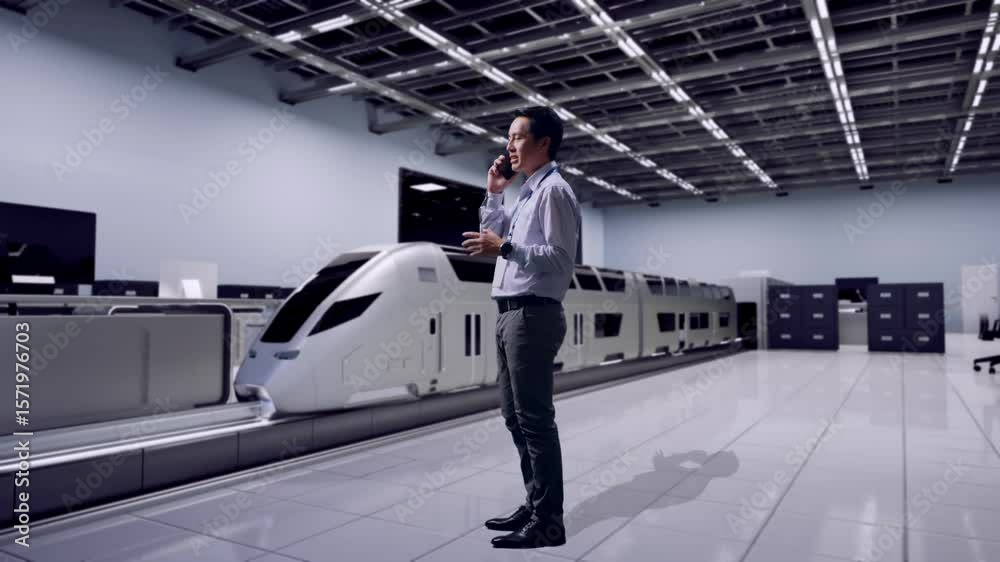 Full Body Side View Of An Asian Male Professional Worker Standing, Futuristic High-Speed Train in a Modern Testing Facility, He Is Speaking With Someone In The Phone And Moving His Left Hand