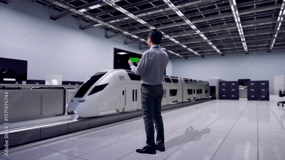 Full Body Back View Of An Asian Male Professional Worker Standing With Green Screen Smartphone, Futuristic High-Speed Train in a Modern Testing Facility, Industrial Facility