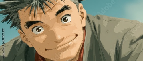 A detailed anime style illustration of a young man with spiky hair wide eyes and a slight smile