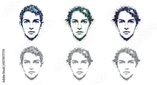 Six stylized portraits of a person with different color palettes on a white background arranged in rows