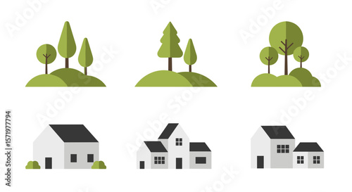 Illustration showing three groups of trees on hills and three simple houses on a white background