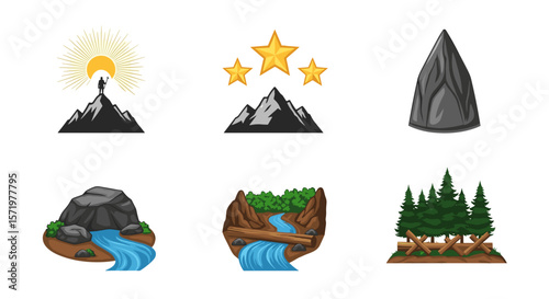 Collection of mountain and nature icons including peaks, trees, rivers, and a person reaching the summit