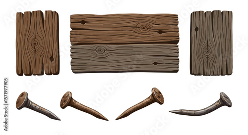 Illustration of wooden planks arranged with visible wood grain and rusty nails on a white background