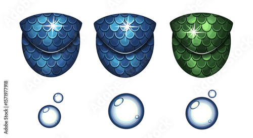 Illustration of three dragon scale armor pieces and three water droplets on a white background art design