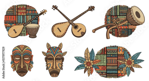 Collection of african musical instruments and tribal masks with decorative patterned backgrounds design