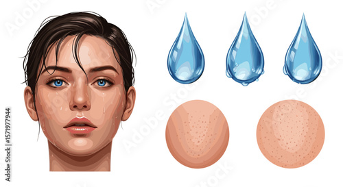Portrait of a woman with water droplets and two eggs against a white studio background artwork