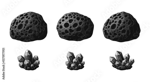 Illustration showing three porous rocks above three crystal clusters on a white background art piece