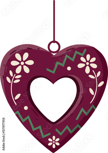 Decorative Hanging Heart Ornament with Floral Pattern in Burgundy and Green Vector Illustration