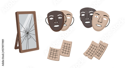 Illustration of a broken mirror with masks and paper sheets in a white background art concept