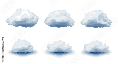 Illustration of six snowballs arranged in two rows on a white background with soft shadows and highlights