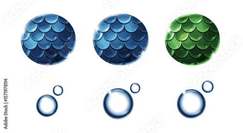 Illustration showing three dragon eggs with scales in blue and green colors and water droplets below them