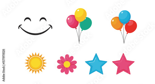 Cartoon image with a smiley face balloons sun flower and stars arranged on a white background design