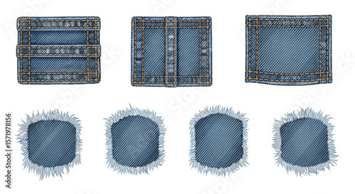 Collection of denim patches and fabric swatches with varying textures and shapes presented on white background