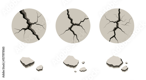 Three cracked oval shapes with debris showing stages of damage and breakage on a white background