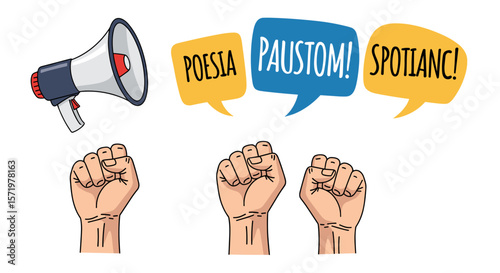 Illustration showing a megaphone, speech bubbles with text, and raised fists in a display of solidarity