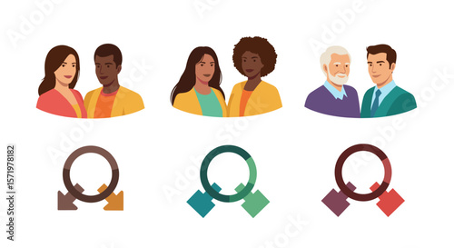 Diverse couples portraits with oval and diamond shapes below them arranged in two rows of three images