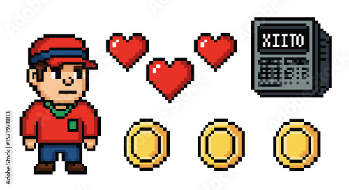 Pixelated game character with hearts coins and a calculator in an style of bit graphics design