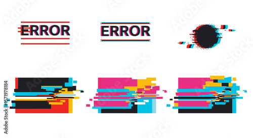 Illustration showing error messages and glitch effects with distorted shapes and vibrant color palettes present