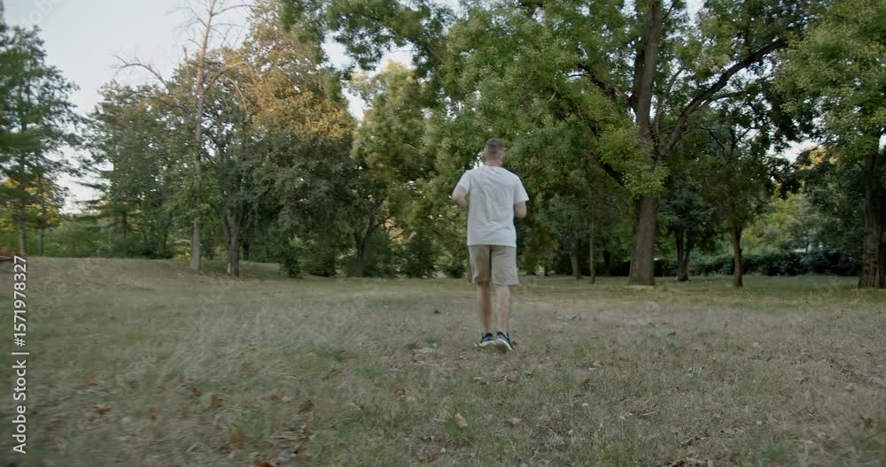 A young man enjoys a leisurely walk and run through a serene park, surrounded by lush trees. Perfect for showcasing fitness, health, and outdoor activities. A young man enjoys a leisurely walk and run through a serene park, surrounded by lush trees. Perfect for showcasing fitness, health, and outdoor activities.