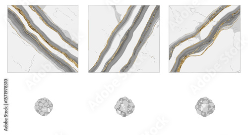 Three marble panels with gray and gold veins above three teardrop shaped crystal pendants aligned below