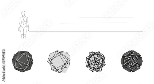 Illustration showing a female figure, lines, and four geometric shapes with varying complexity on white
