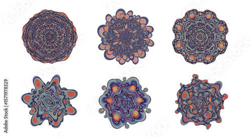 Six abstract colorful organic shapes with intricate patterns arranged on a white background view