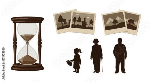 Hourglass with photos showing landscapes and silhouettes of people representing aging process stages