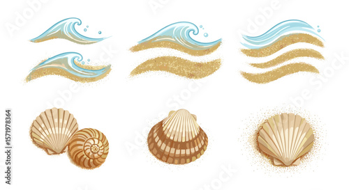Illustration of waves and sand dunes with assorted seashells on a white background beach themed art