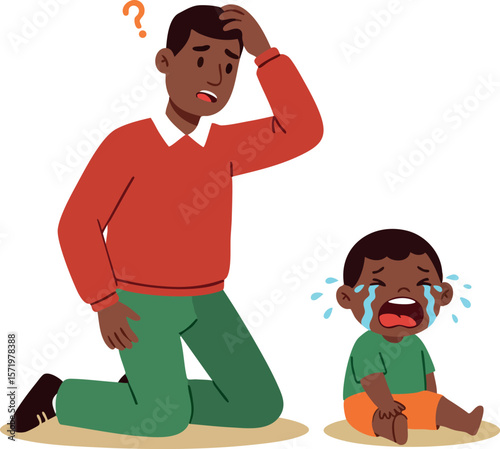 Father comforting crying toddler child confused father in red sweater and green pants vector illustration