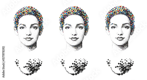 Three portraits of a woman with colorful dots for hair and grayscale dots below each portrait image
