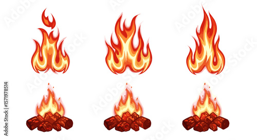 Illustration showing different stages of fire flames and campfires on a white background design vector
