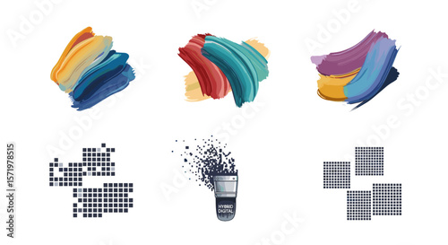 Artistic representation of brush strokes and pixelated designs on a white background display image