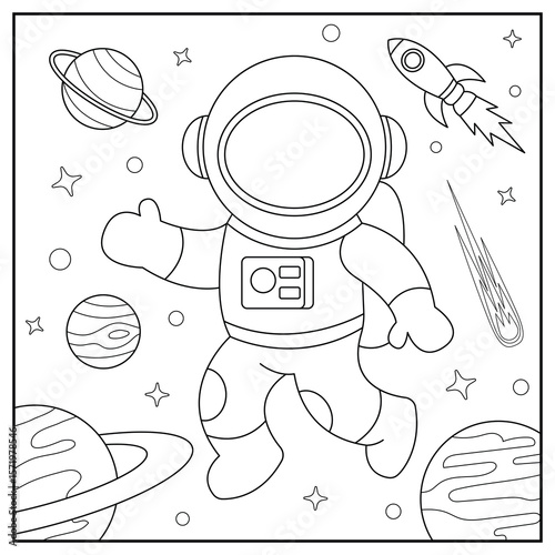 Astronaut in space. Black and white vector illustration for coloring book.