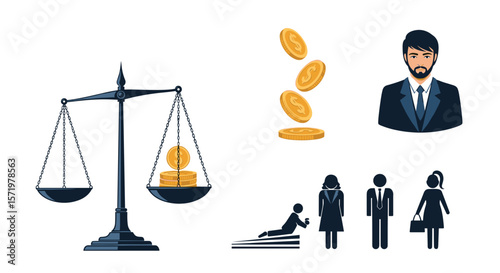 Scales balancing coins with falling coins and business people in silhouette on a white background image