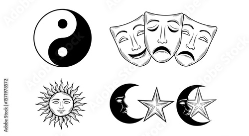 Illustration showing yin yang symbol, drama masks, sun face, and crescent moon with star images