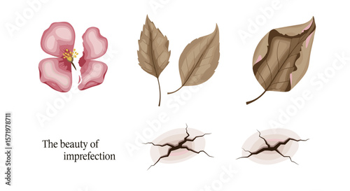 Watercolor illustration of a pink flower, brown leaves, and cracked earth on a white background art piece