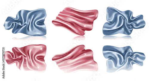 Illustration of six pieces of draped fabric in pink and blue colors with reflective surfaces shown