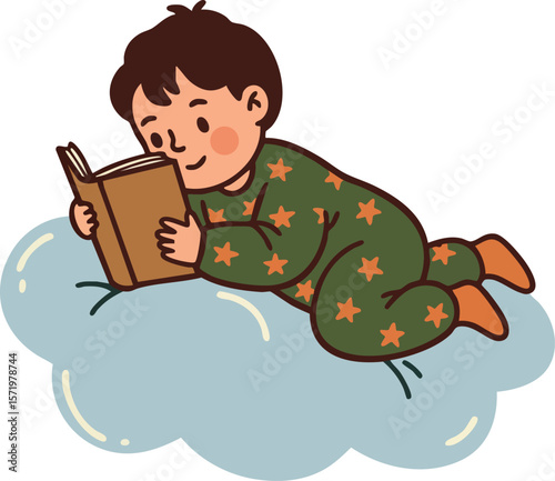 Boy reading book lying on cloud in cozy pajamas vector illustration