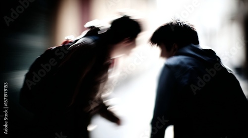 Two figures in tense standoff, shadows stretching long. Urban conflict, unspoken power struggle.
