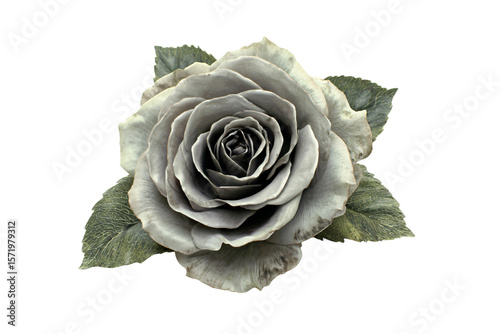 3D Render a rose with leaves on a white background