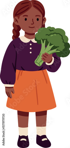 Girl holding fresh green broccoli vegetable healthy food vector illustration