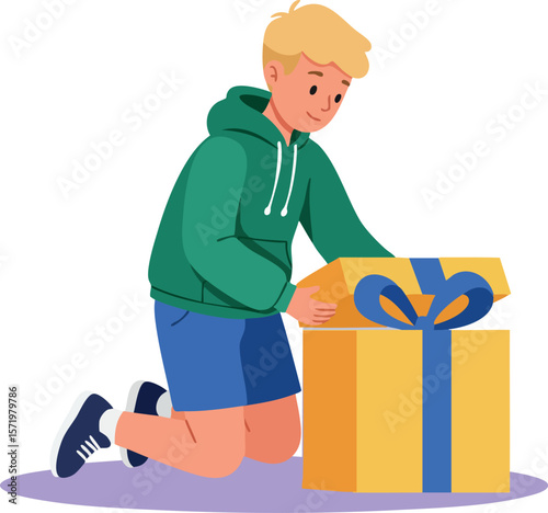 Boy Opening Large Gift Box Wearing Green Hoodie and Blue Shorts Vector Illustration