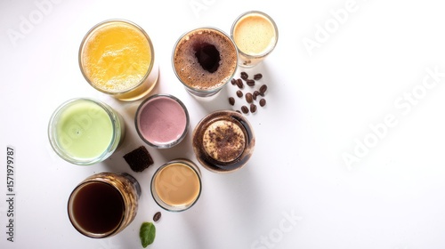 Assorted coffee drinks on white surface, showcasing rich flavors and artful presentation
