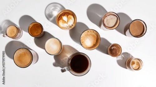 Assorted coffee drinks on white surface, showcasing rich flavors and artful presentation
