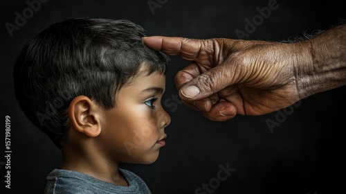 Child and elder touching foreheads
