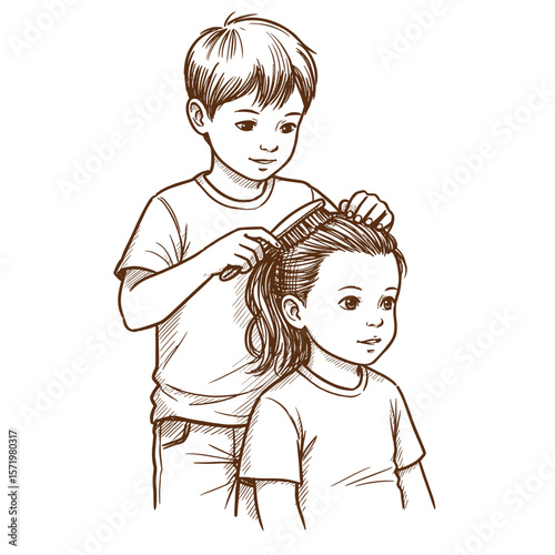Boy brushing sibling’s hair while smiling in casual home environment  