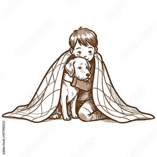 Boy hugging dog under blanket in a cozy and warm setting  