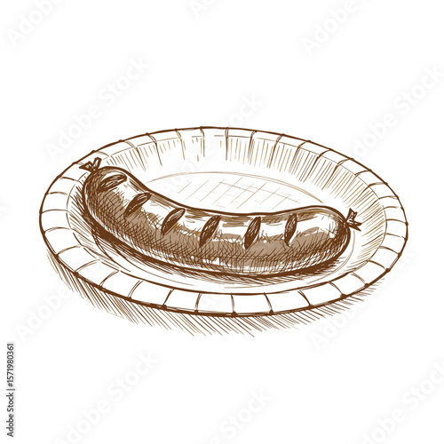 Bratwurst on paper plate in sketch style with brown details  