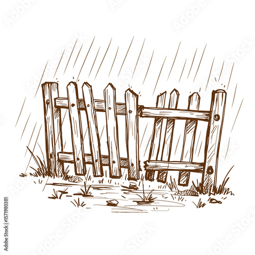 Broken fence after heavy rain illustrated with sketch style  